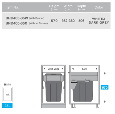 Bote para Basura Gris BRD400-35X - Compatible con Guías Blum