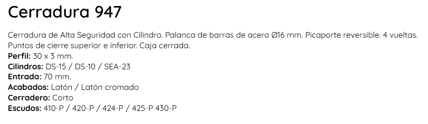 Cerradura Alta Seguridad Ezcurra 947/72 - Cilindro DS-15 Incluido