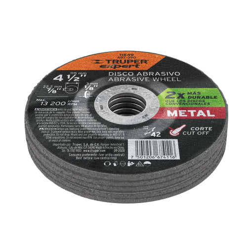 Disco Corte Metal 4.5" Óxido Aluminio - 13200 RPM Máx.