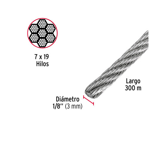 Metro de Cable Acero Flexible 1/8" 7x19 Hilos - Alta Resistencia