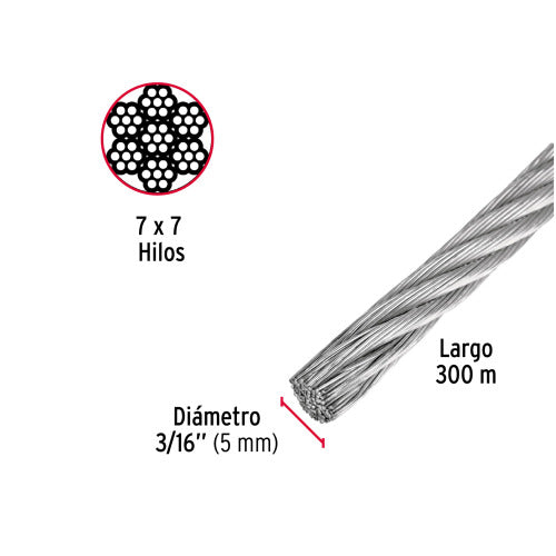 Metro de Cable Acero 3/16" 7x7 Hilos 300m - Alta Resistencia