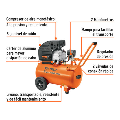 Compresor 50L Completo: Incluye Manguera y Pistola