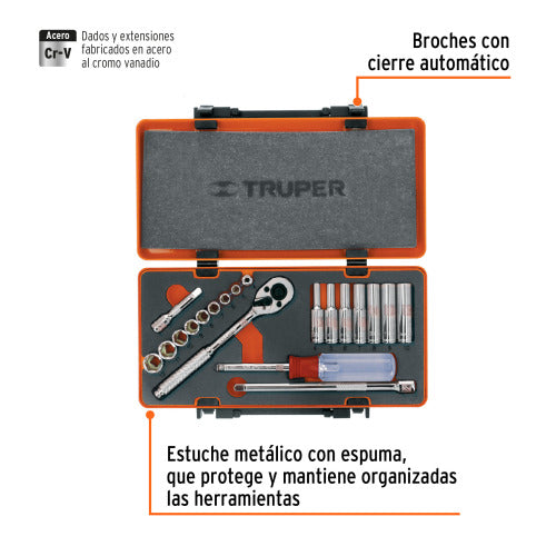 Juego de dados milimétricos 1/4' - 21 piezas precisión