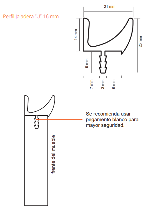 Jaladera en U 16mm x 2m - Perfil Resistente y Duradero