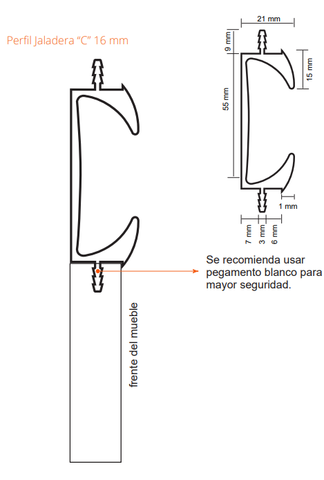 Jaladera Perfil C de 16mm x 2m - Calidad Premium