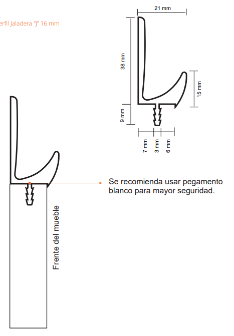 Perfil Jaladera J 16mm x 2m - Alta Durabilidad