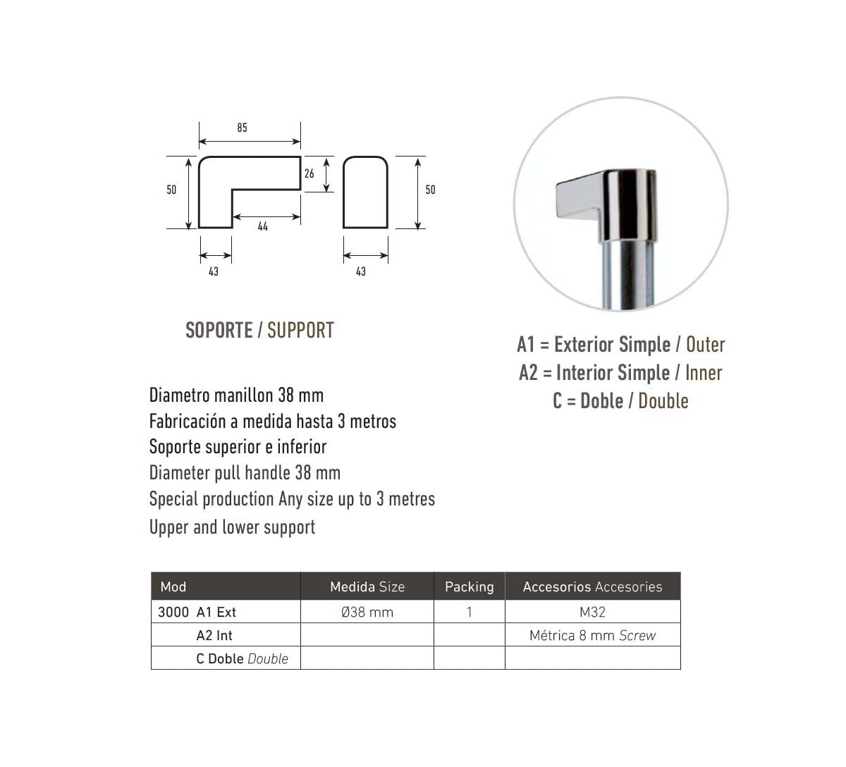 Soportes de Pasamanos MHA | Latón, Bronce e Inoxidable