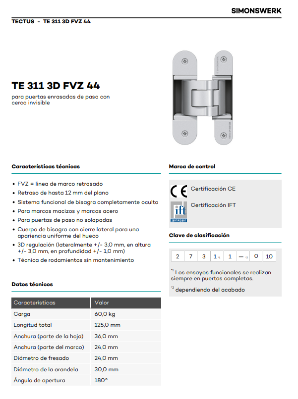 Bisagra Tectus TE311 FVZ 44 F1 Gris - Alta Resistencia