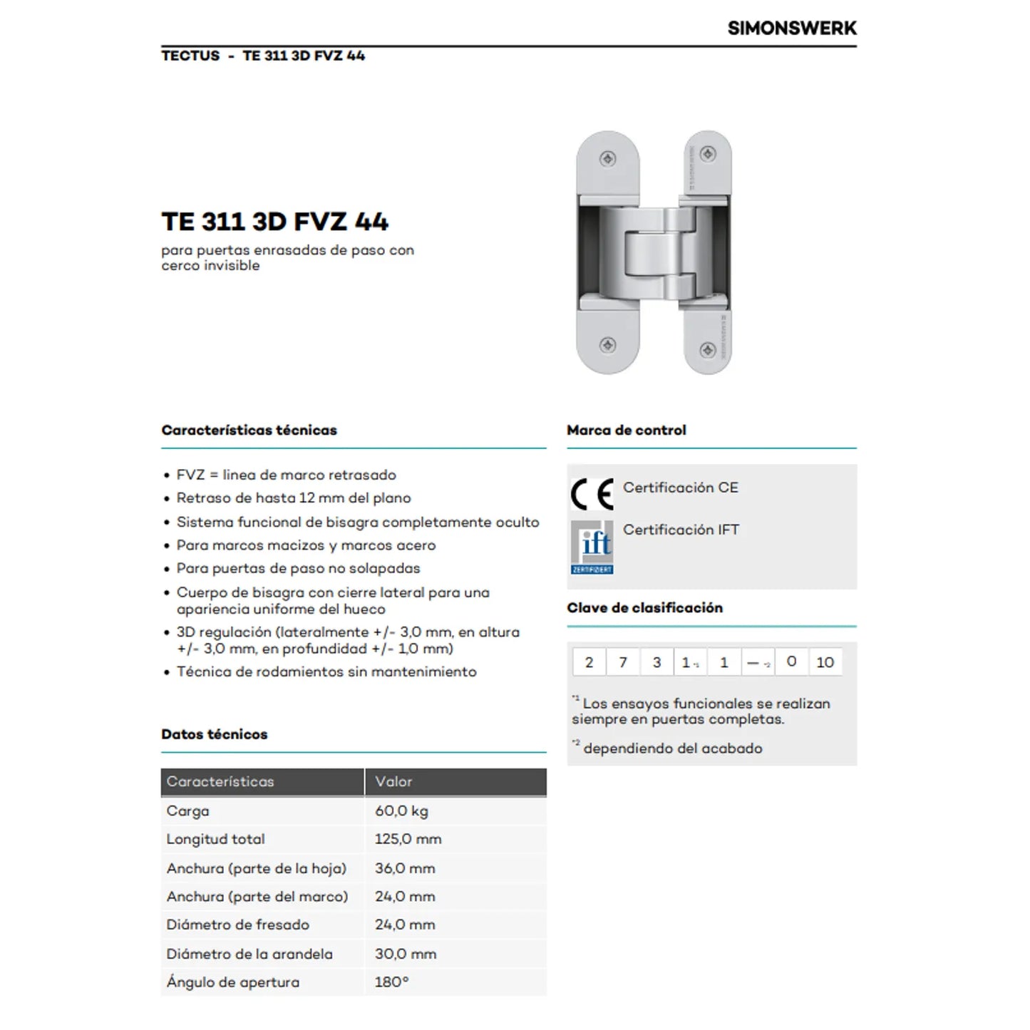 Bisagra Tectus TE311 FVZ 44 F1 Gris - Alta Resistencia