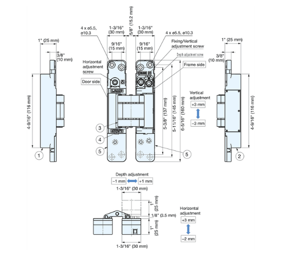 Bisagra oculta ajustable de 3 vías - HES3D-E160BL