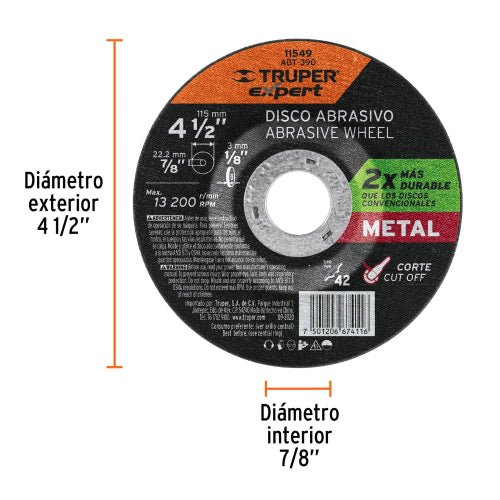 Disco Corte Metal 4.5" Óxido Aluminio - 13200 RPM Máx.