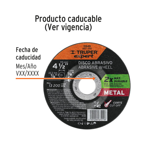 Disco Corte Metal 4.5" Óxido Aluminio - 13200 RPM Máx.