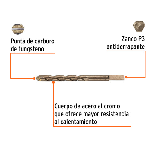 Broca 1/2"X6" para Concreto - Acero Cromo Alta Durabilidad