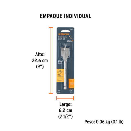Broca Plana BPT-1-1/8 para Madera - Corte Perfecto