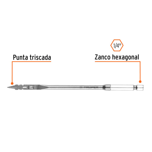 Broca Plana 1/4" para Madera y Laminados - Acero al Carbono