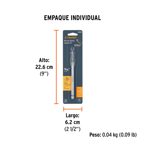 Broca Plana BPT-5/16 para Madera | Corte Preciso