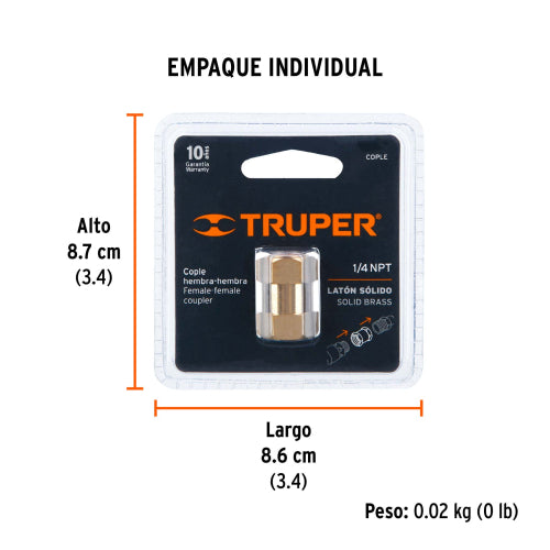 Cople Hembra 1/4 NPT en Latón Sólido - Durabilidad Garantizada