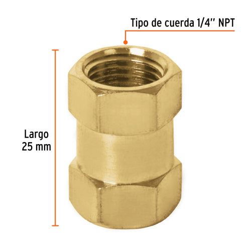 Cople Hembra 1/4 NPT en Latón Sólido - Durabilidad Garantizada
