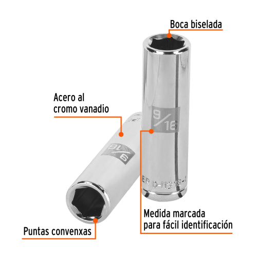 Dado Largo 6 Puntas 9/16" Acero Cromo Vanadio - D-5318-H