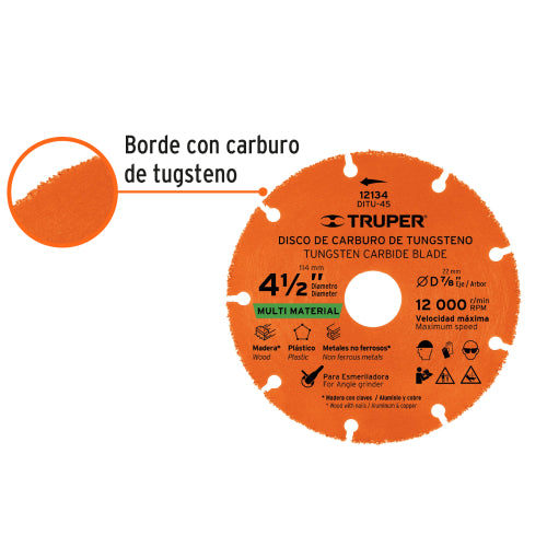 Disco Carburo Tungsteno 4-1/2": Corte Rápido y Seguro