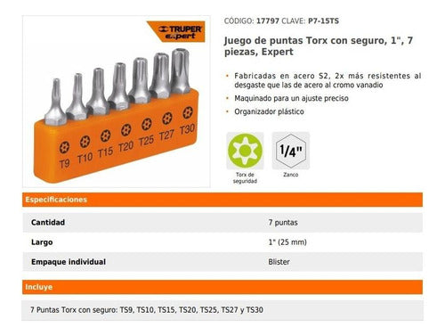 Juego De 7 Puntas Torx, Largo Con Seguro 1 , En Organizador