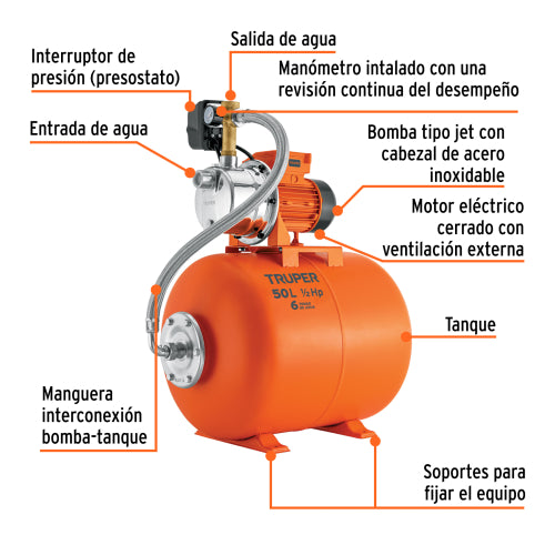 Bomba Hidroneumática 1/2HP, 50LTS - Alta Eficiencia