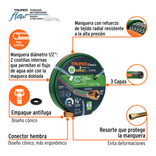 Manguera 1/2" 3 Capas, Conexiones Latón 15m - Alta Durabilidad