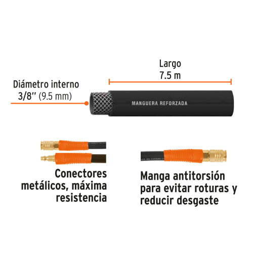 Manguera Neumática de 7.5mts 3/8" - Alta Presión 300 PSI