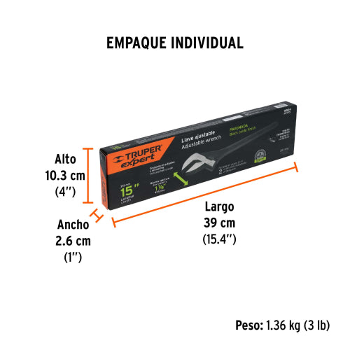 Llave Ajustable 15" Ergonómica en Acero Cromo Vanadio