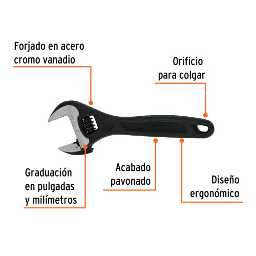 Llave Ajustable 6" Pavonada - Acero Cromo Vanadio
