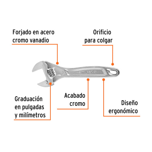 Llave Ajustable 8" Cromada PET-8C - Durabilidad y Precisión