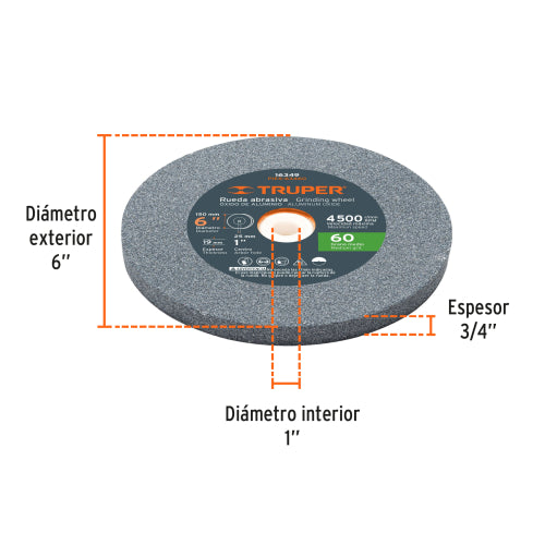 Piedra Esmeril 6" Grano 60 – Desbaste y Afilado Profesional
