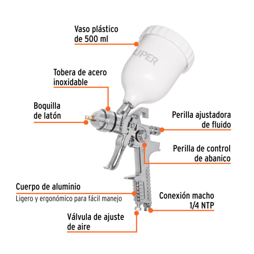 Pistola HVLP para Pintar, Boquilla 1.7mm, Incluye Vaso
