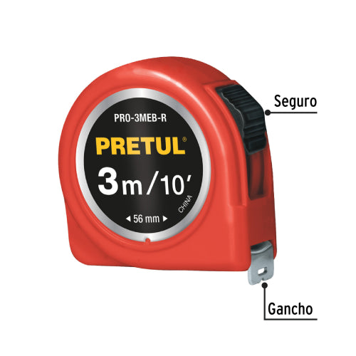 Flexómetro Pretul 3m | ABS Robusto y Antidesgaste | Rojo