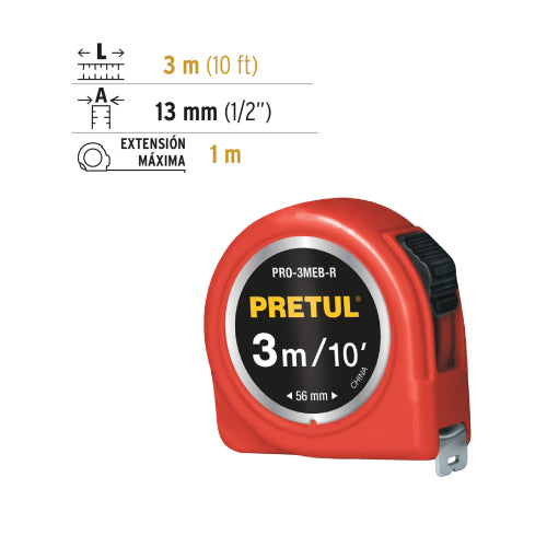 Flexómetro Pretul 3m | ABS Robusto y Antidesgaste | Rojo