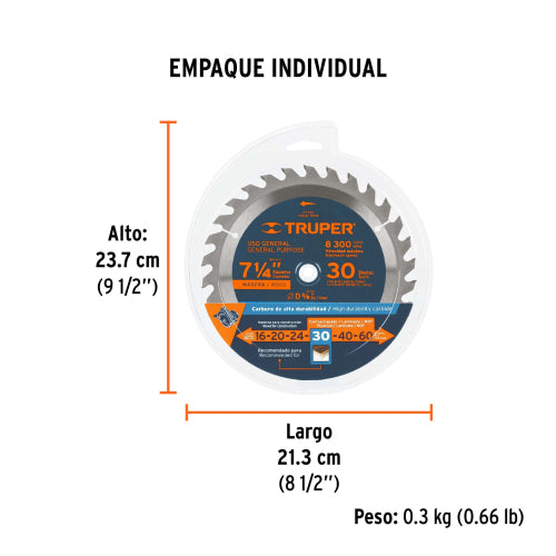 Sierra Circular para Madera 7-1/4" 30 Dientes Centrotec