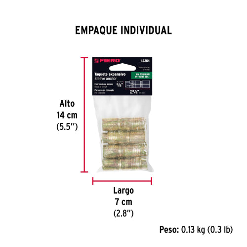 Taquete Expansivo 3/8" - Fijación Sólida sin Tornillo