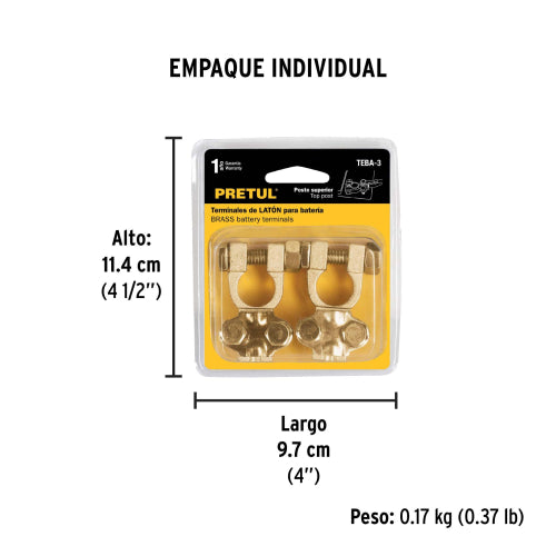 Blíster 2 terminales p/batería, latón poste superior, PRETUL