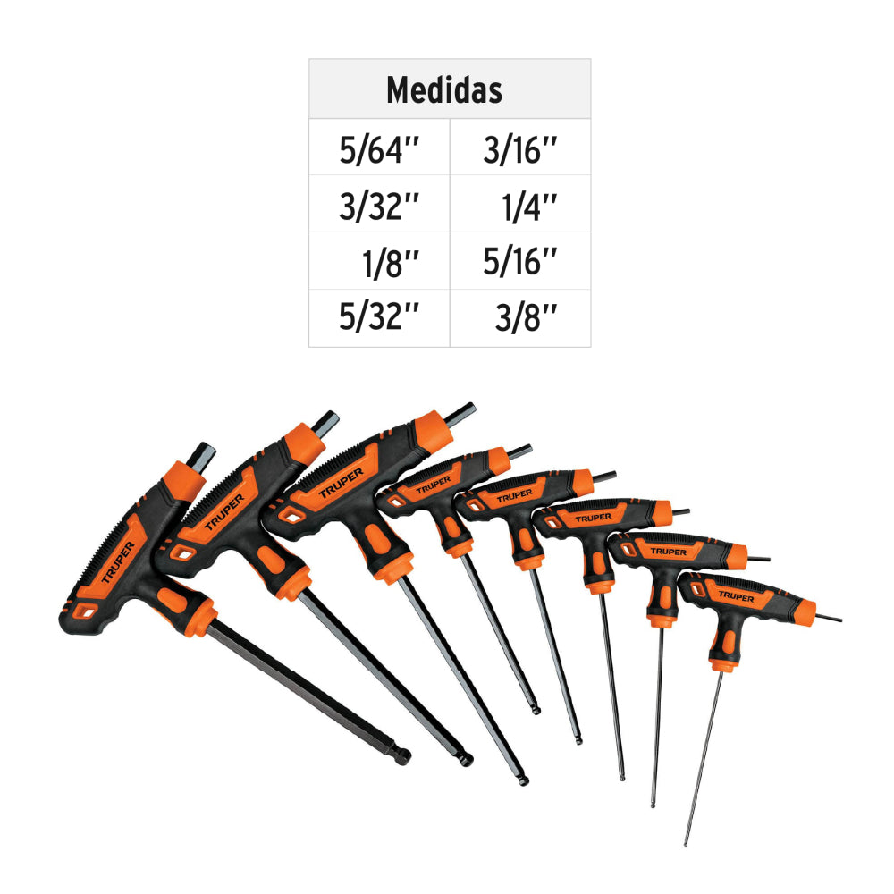 JUEGO DE 8 LLAVES ALLEN MANGO T PUNTA DE BOLA 5/64