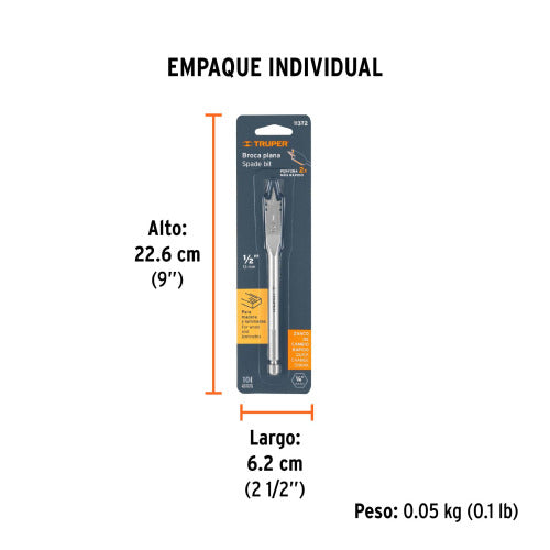 Broca Plana Truper 1/2" para Madera | BPT-1/2 | Alta Resistencia