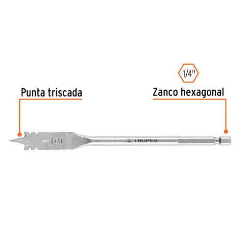 Broca Plana Truper 1/2" para Madera | BPT-1/2 | Alta Resistencia