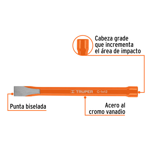 Cincel C-1x12: Acero Cromo Vanadio con Cabeza Grande