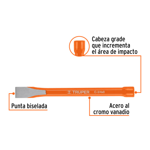 Cincel Largo de Acero Cromo Vanadio 8" - Alta Durabilidad