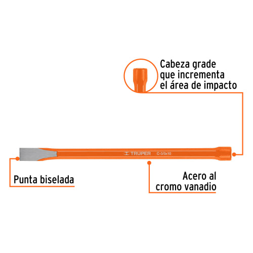 Cincel Largo 10" Acero Cromo Vanadio, Máxima Durabilidad