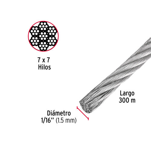 METRO DE CABLE RIGIDO 1/16" DE ACERO 7X7 HILOS