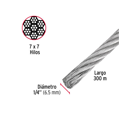 METRO DE CABLE RIGIDO 1/4 DE ACERO 7X7 HILOS 300M