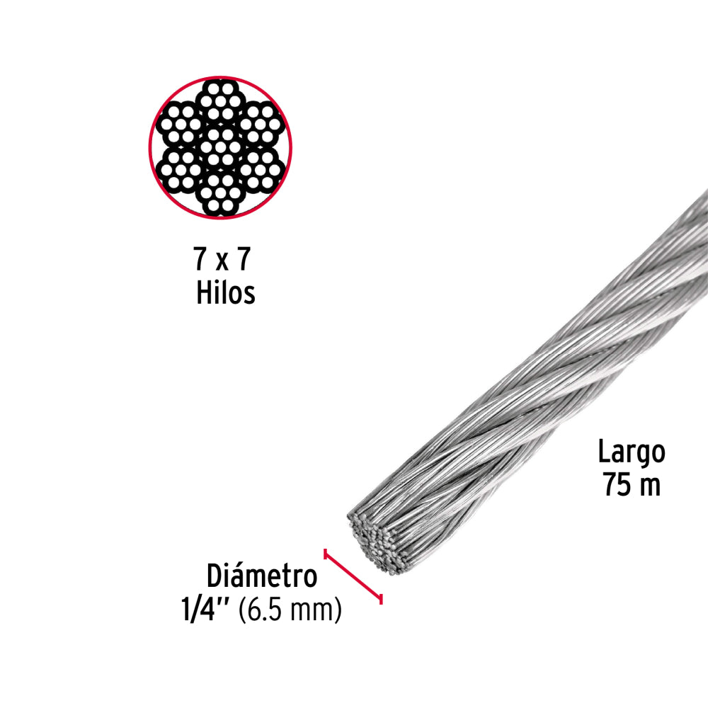 Cable de Acero 1/4" Rígido 7x7 - Rollo 75mts - Alta Resistencia