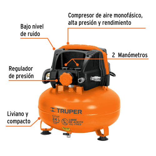 Kit Compresor Libre de Aceite 24L PIPI-420 + Manómetro