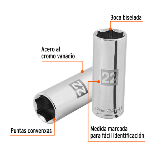 Dado Largo 22mm 6 Puntas Cuadrado 1/2" - Herramienta Profesional