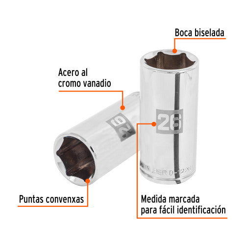 Dado Largo de 26mm, 6 Puntas, Cuadro de 1/2" | Herramienta Profesional
